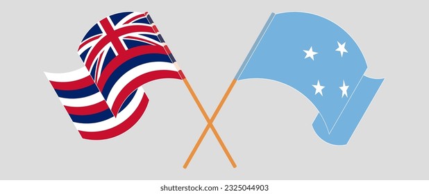 Crossed and waving flags of The State Of Hawaii and Micronesia. Vector illustration
