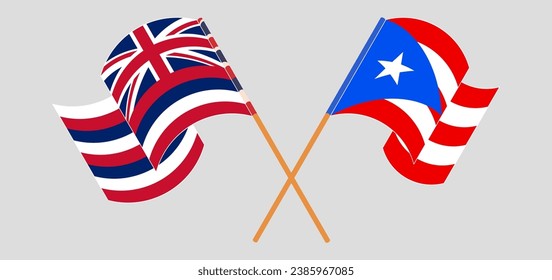 Crossed and waving flags of The State Of Hawaii and Puerto Rico. Vector illustration
