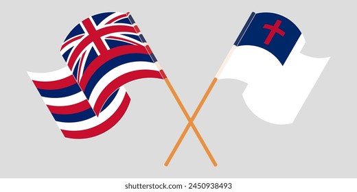 Crossed and waving flags of The State Of Hawaii and christianity. Vector illustration
