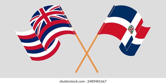 Crossed and waving flags of The State Of Hawaii and Dominican Republic. Vector illustration
