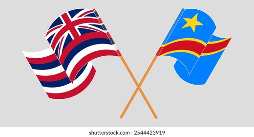 Crossed and waving flags of The State Of Hawaii and Democratic Republic of the Congo. Vector illustration.
