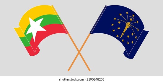 Crossed and waving flags of the State of Indiana and Myanmar. Vector illustration
