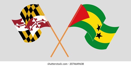 Crossed and waving flags of the State of Maryland and Sao Tome and Principe. Vector illustration
