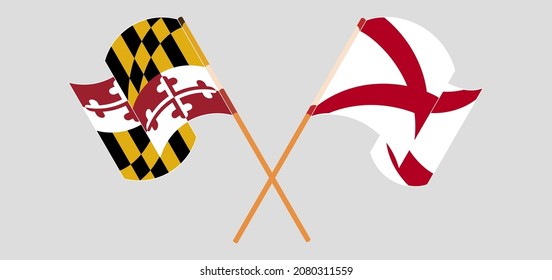 Crossed and waving flags of the State of Maryland and The State of Alabama. Vector illustration

