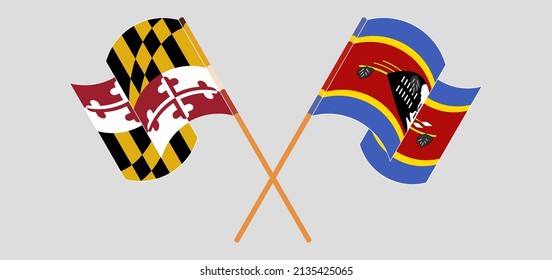 Crossed and waving flags of the State of Maryland and Eswatini. Vector illustration
