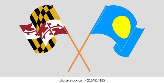 Crossed and waving flags of the State of Maryland and Palau. Vector illustration

