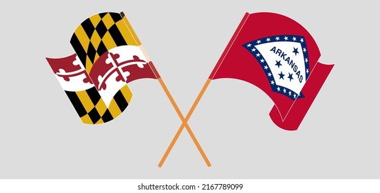 Crossed and waving flags of the State of Maryland and The State of Arkansas. Vector illustration
