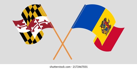 Crossed and waving flags of the State of Maryland and Moldova. Vector illustration
