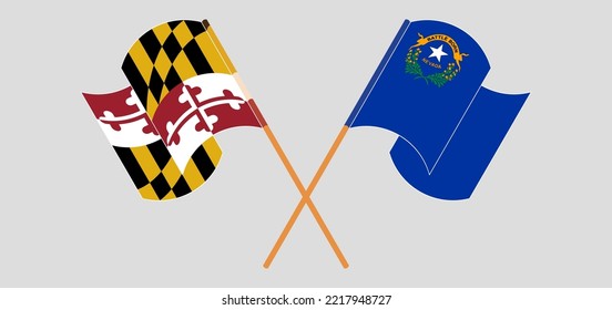 Crossed and waving flags of the State of Maryland and The State of Nevada. Vector illustration
