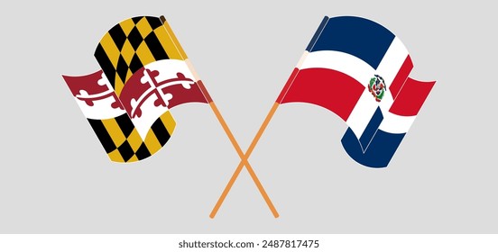 Crossed and waving flags of the State of Maryland and Dominican Republic. Vector illustration
