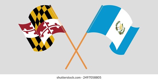 Banderas cruzadas y ondeando del Estado de Maryland y la República de Guatemala. Ilustración vectorial
