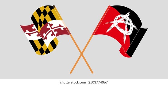 Crossed and waving flags of the State of Maryland and Anarchy. Vector illustration
