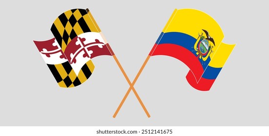Bandeiras cruzadas e acenando do Estado de Maryland e República do Equador. Ilustração vetorial.
