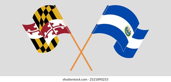 Crossed and waving flags of the State of Maryland and Republic of El Salvador. Vector illustration.
