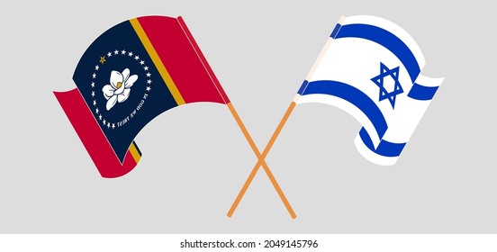 Crossed and waving flags of The State of Mississippi and Israel