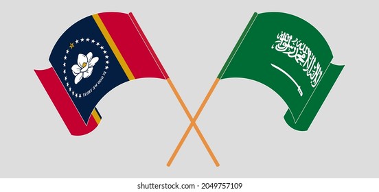 Crossed and waving flags of The State of Mississippi and the Kingdom of Saudi Arabia