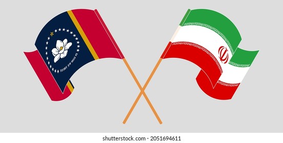 Crossed and waving flags of The State of Mississippi and Iran