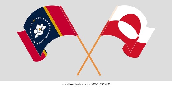 Crossed and waving flags of The State of Mississippi and Greenland