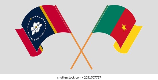 Crossed and waving flags of The State of Mississippi and Cameroon