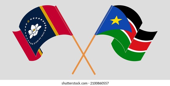 Crossed and waving flags of The State of Mississippi and South Sudan. Vector illustration
