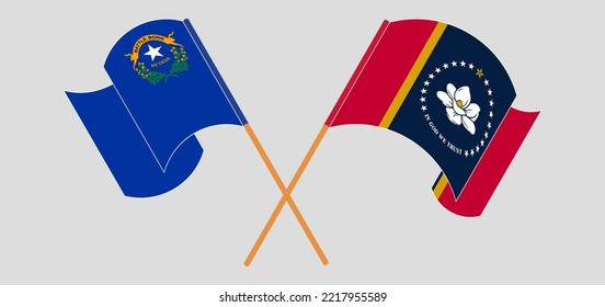 Banderas cruzadas y ondeando banderas del Estado de Nevada y del Estado de Misisipi. Ilustración del vector
