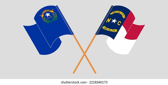 Crossed and waving flags of The State of Nevada and The State of North Carolina. Vector illustration
