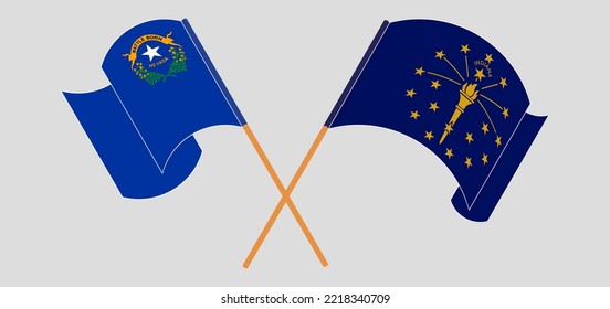 Crossed and waving flags of The State of Nevada and the State of Indiana. Vector illustration
