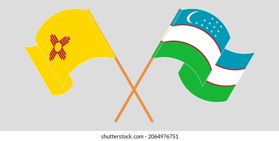 Crossed and waving flags of the State of New Mexico and Uzbekistan