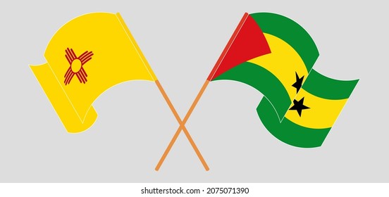 Crossed and waving flags of the State of New Mexico and Sao Tome and Principe. Vector illustration
