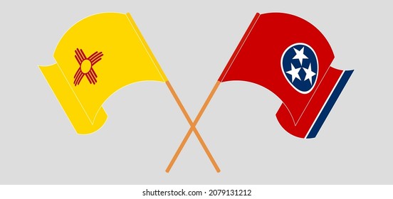 Crossed and waving flags of the State of New Mexico and The State of Tennessee. Vector illustration
