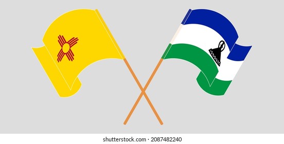 Crossed and waving flags of the State of New Mexico and Kingdom of Lesotho. Vector illustration
