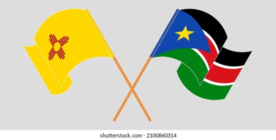 Cruzando y ondeando banderas del estado de Nuevo México y Sudán del Sur. Ilustración del vector
