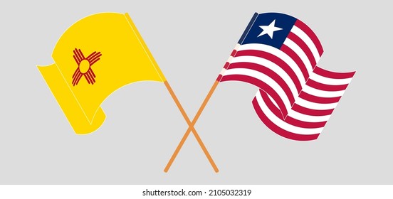 Crossed and waving flags of the State of New Mexico and Liberia. Vector illustration
