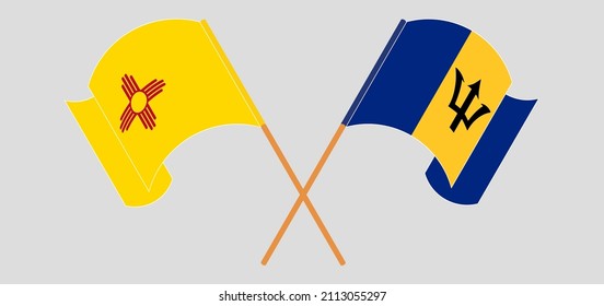 Crossed and waving flags of the State of New Mexico and Barbados. Vector illustration