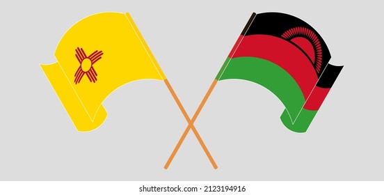 Crossed and waving flags of the State of New Mexico and Malawi. Vector illustration
