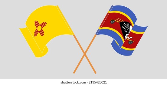 Crossed and waving flags of the State of New Mexico and Eswatini. Vector illustration
