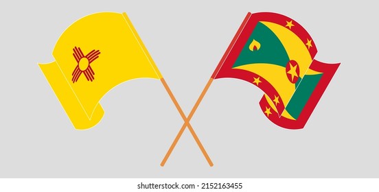 Crossed and waving flags of the State of New Mexico and Grenada. Vector illustration
