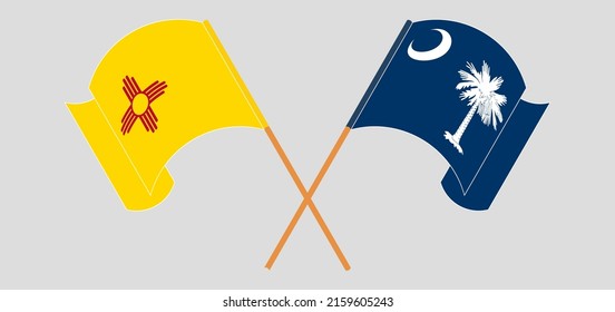 Crossed and waving flags of the State of New Mexico and The State of South Carolina. Vector illustration

