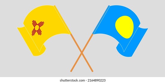 Cruzando y ondeando banderas del Estado de Nuevo México y Palau. Ilustración del vector
