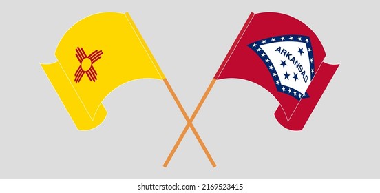 Crossed and waving flags of the State of New Mexico and The State of Arkansas. Vector illustration
