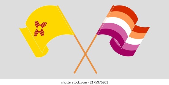 Crossed and waving flags of the State of New Mexico and Lesbian Pride. Vector illustration
