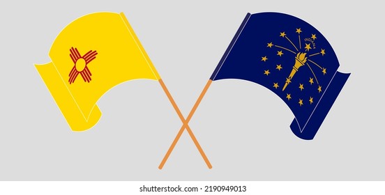 Crossed and waving flags of the State of New Mexico and the State of Indiana. Vector illustration
