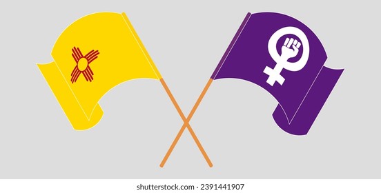Crossed and waving flags of the State of New Mexico and Feminism. Vector illustration
