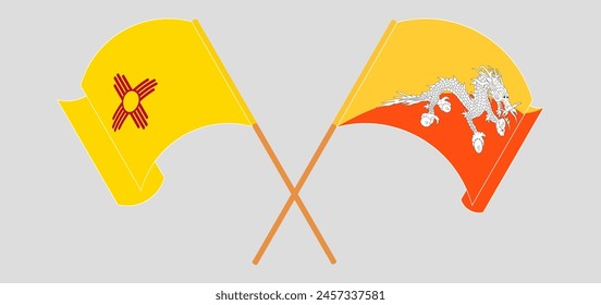 Crossed and waving flags of the State of New Mexico and Bhutan. Vector illustration
