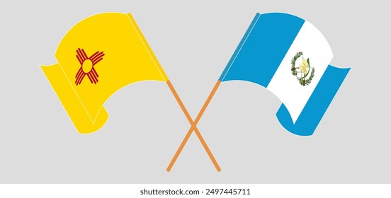 Crossed and waving flags of the State of New Mexico and Republic of Guatemala. Vector illustration
