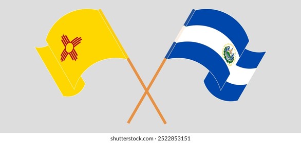 Crossed and waving flags of the State of New Mexico and Republic of El Salvador. Vector illustration.
