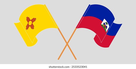 Crossed and waving flags of the State of New Mexico and Republic of Haiti. Vector illustration.
