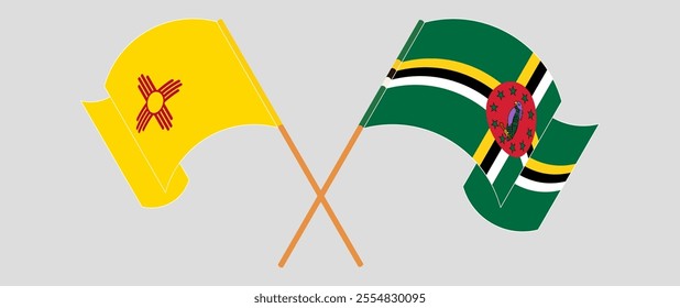 Crossed and waving flags of the State of New Mexico and Dominica. Vector illustration.
