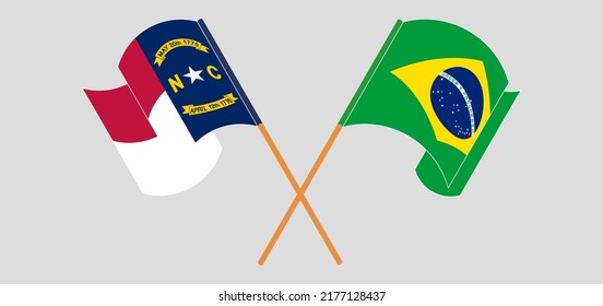 Crossed and waving flags of The State of North Carolina and Brazil. Vector illustration
