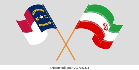 Crossed and waving flags of The State of North Carolina and Iran. Vector illustration
